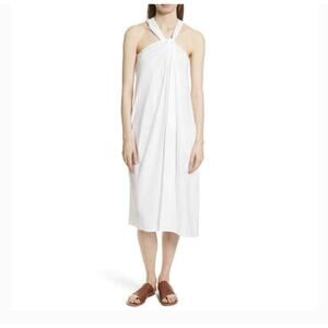 Vince Women M Cotton Twist Neck Halter Dress White Midi Pockets Italian Fabric
